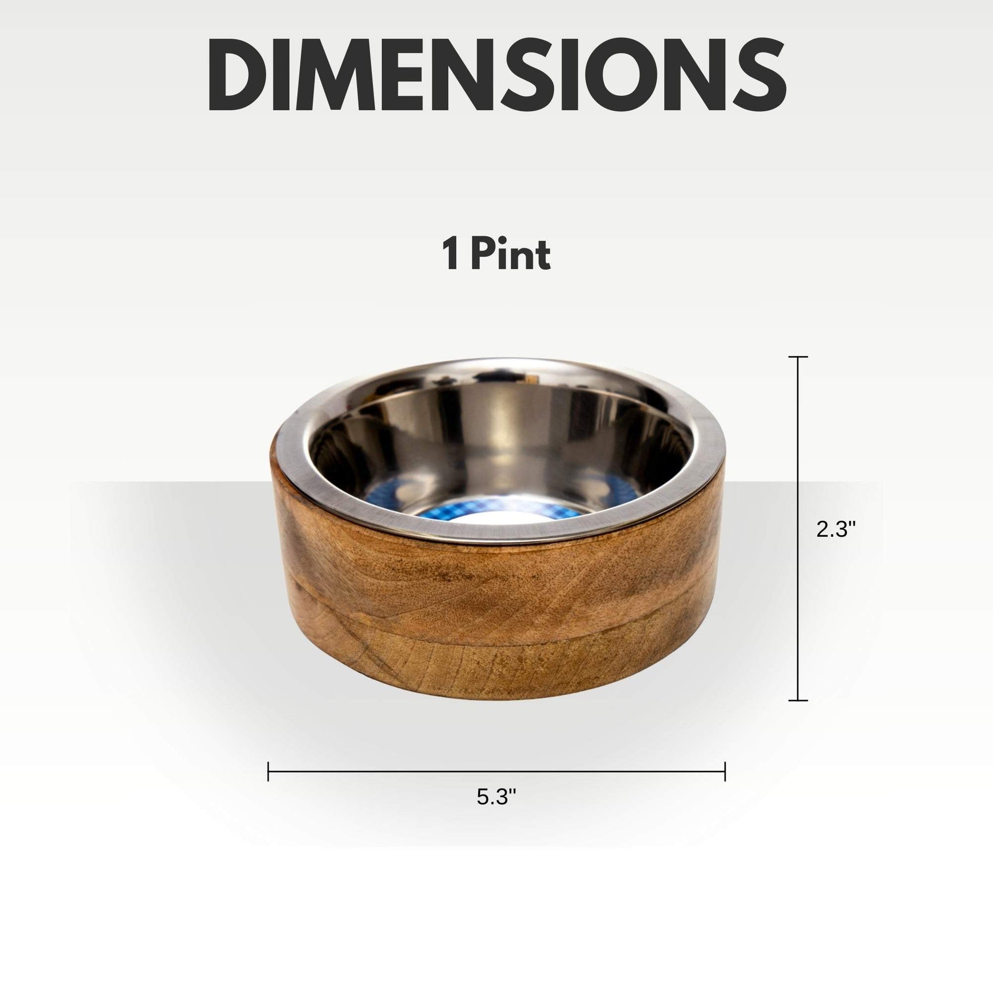 Country Living stainless steel dog bowl with cylindrical mango wood holder, 1 pint size, 5.3 inches diameter, 2.3 inches height
