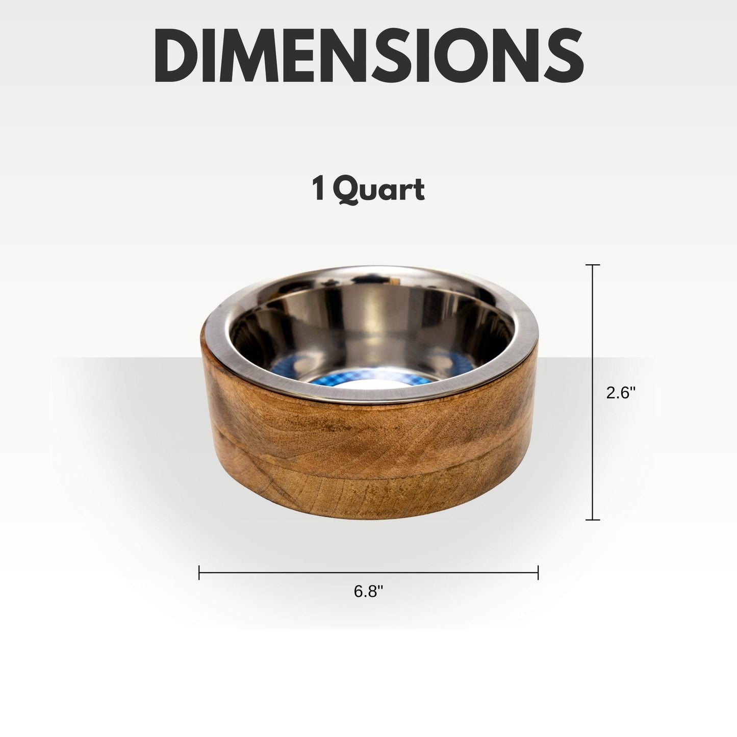 Country Living Stainless Steel Dog Bowl with 1 quart mango wood holder measuring 6.8 by 2.6 inches