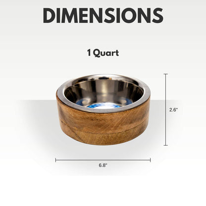 Country Living Stainless Steel Dog Bowl with 1 quart mango wood holder measuring 6.8 by 2.6 inches