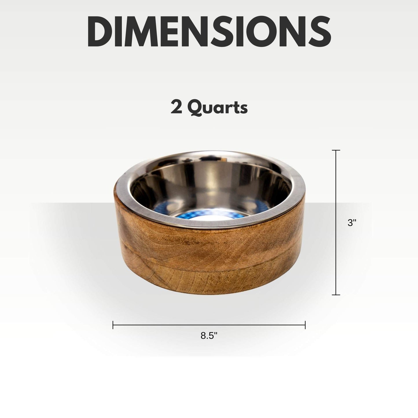 Country Living Stainless Steel Dog Bowl with 2-quart stainless steel bowl and cylindrical mango wood holder measuring 8.5 inches wide and 3 inches high