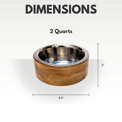 Country Living Stainless Steel Dog Bowl with 2-quart stainless steel bowl and cylindrical mango wood holder measuring 8.5 inches wide and 3 inches high