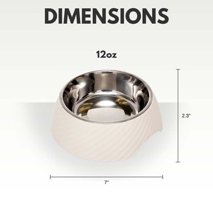 Country Living set of 2 white twill melamine dog bowls with removable stainless steel inserts, 12oz and 24oz sizes, durable and dishwasher-safe