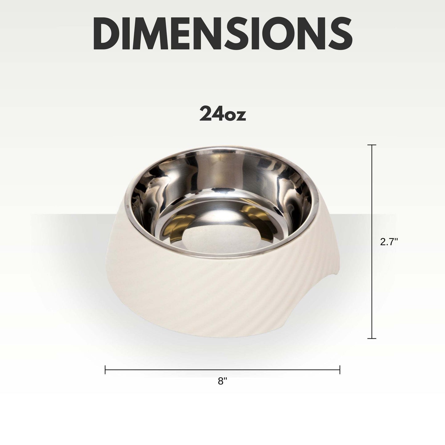 Country Living 24oz white twill melamine dog bowl with removable stainless steel insert and dimensions display