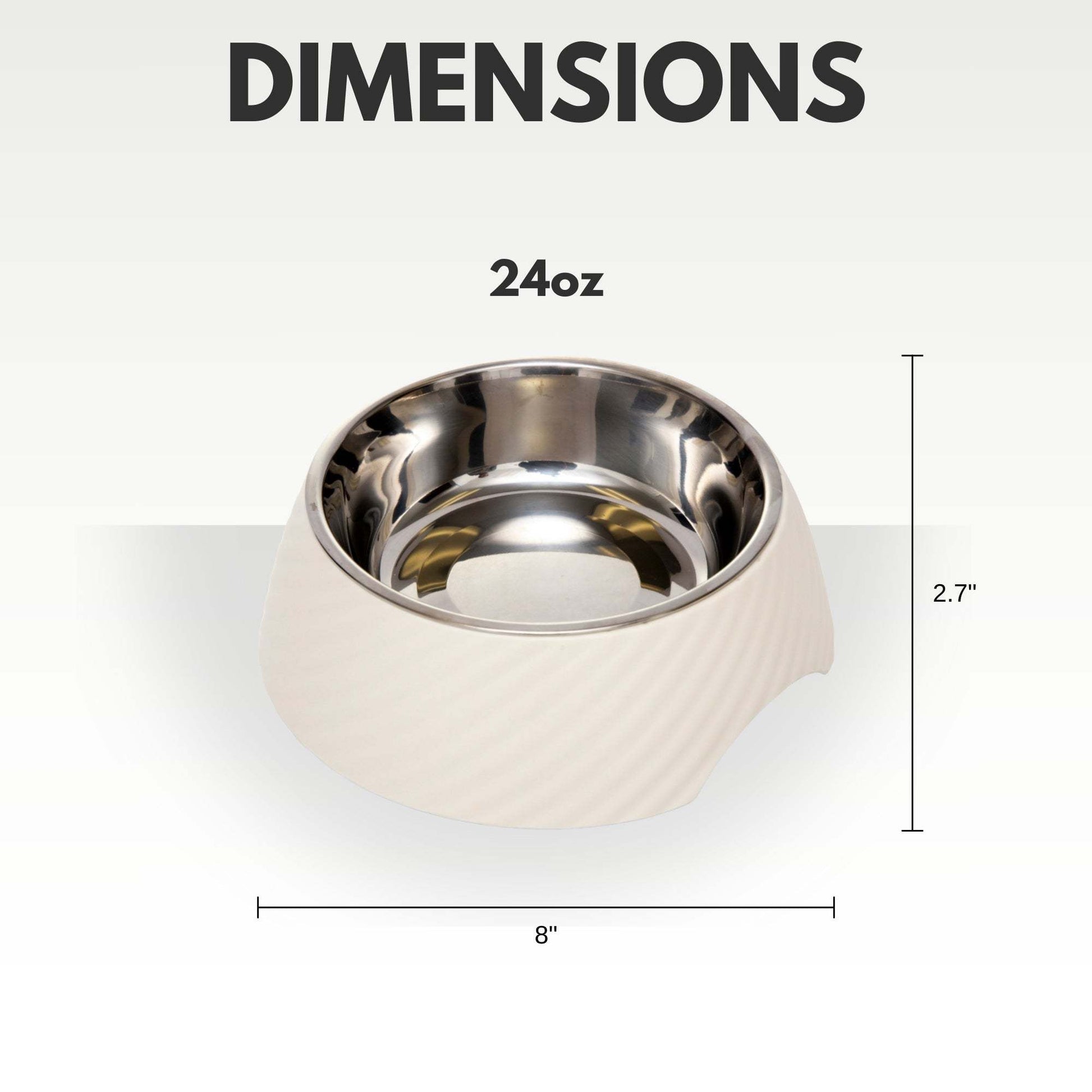 Country Living 24oz white twill melamine dog bowl with removable stainless steel insert and dimensions display
