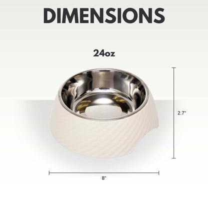Country Living 24oz white twill melamine dog bowl with removable stainless steel insert and dimensions display