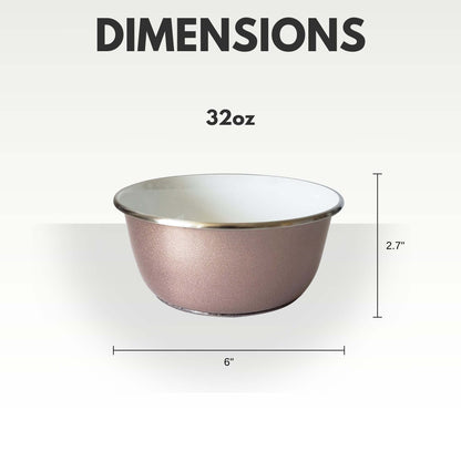 Rose gold stainless steel deep dog bowl with paw print design, 32oz, 6-inch diameter and 2.7-inch height