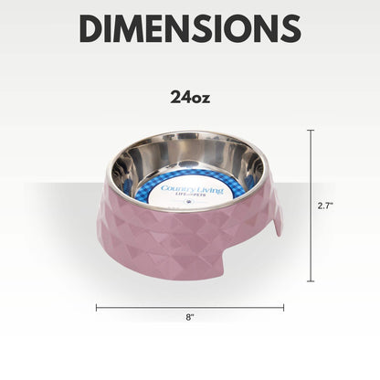 24oz Diamond Twill Melamine Dog Bowl with removable stainless steel insert in wood rose color, measuring 8" diameter and 2.7" height