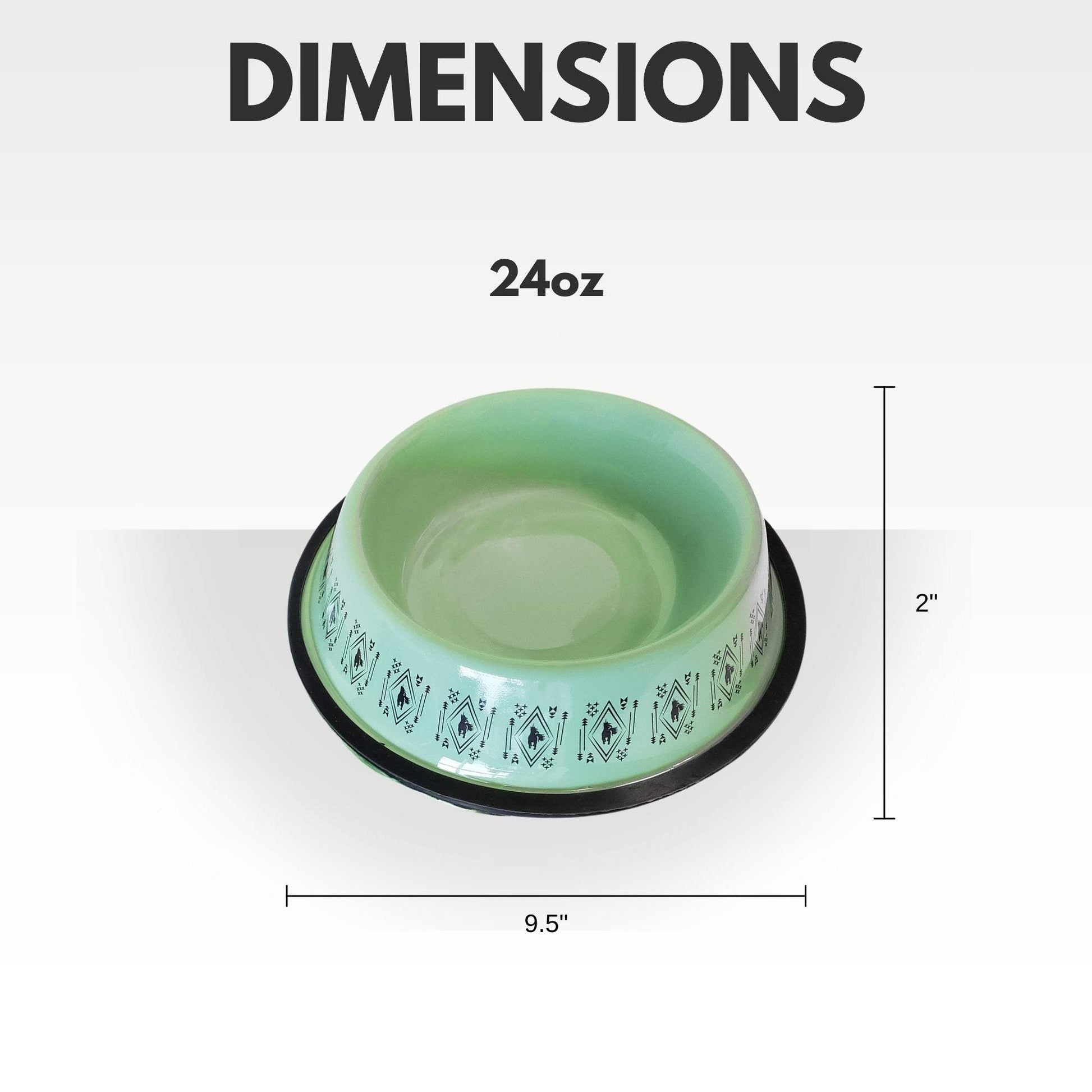 Non-skid boho stainless steel dog bowl with whimsical unicorn design, silicone base, 24oz capacity, mint green color