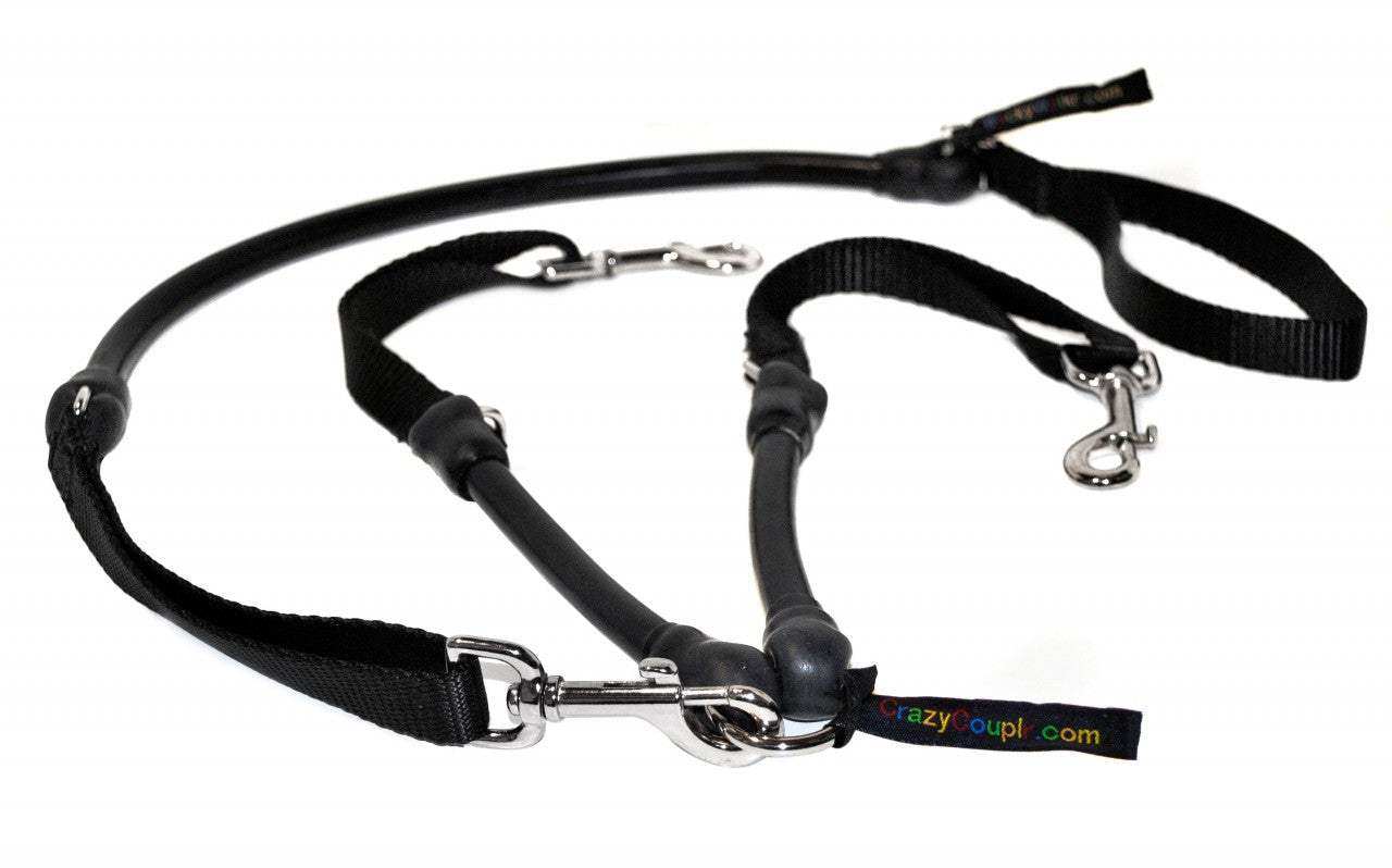 Black CRAZYcoupl'r double dog leash connector with tangle-free design and swivel clasps