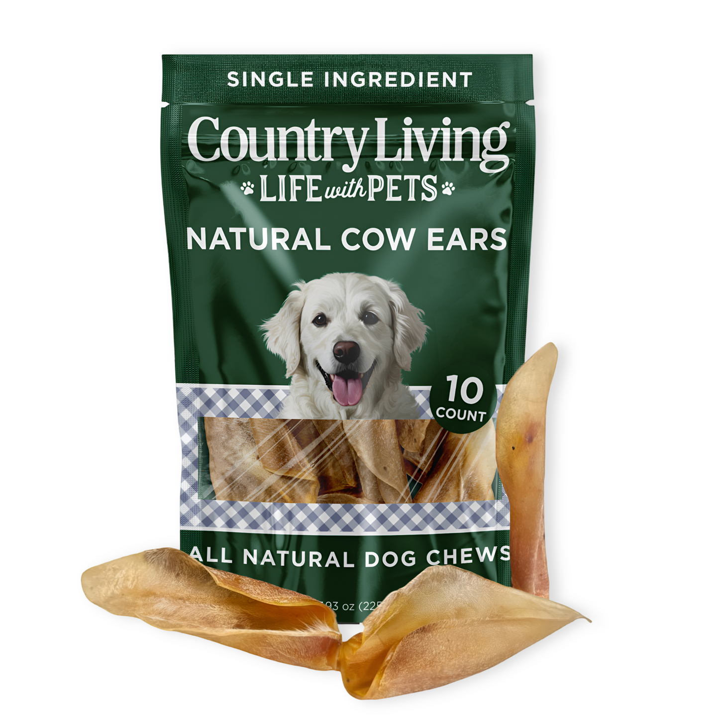 Country Living Natural Cow Ears dog chews 10 count resealable bag rawhide-free high-protein dental health treats