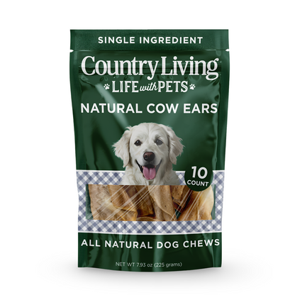 Country Living Natural Cow Ears - All-Natural Dog Chews, Dental Healthry Living Natural Cow Ears 10 count bag all-natural dog chews for dental health and protein-rich treat
