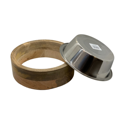 Country Living stainless steel dog bowl with cylindrical mango wood holder and rust-resistant design
