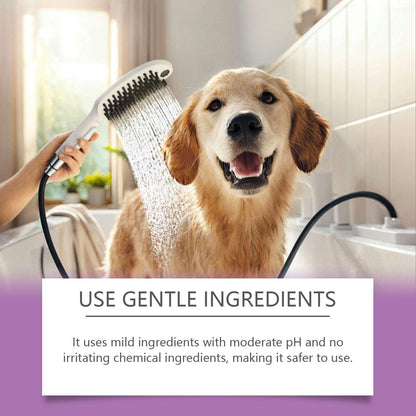 Golden retriever being bathed with gentle pet lavender shampoo in a bright bathroom