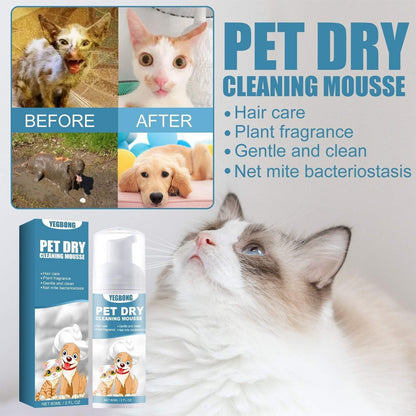 Pet dry cleaning mousse bottle with chamomile and coconut oil for odor removal and smooth fur on young cats and dogs