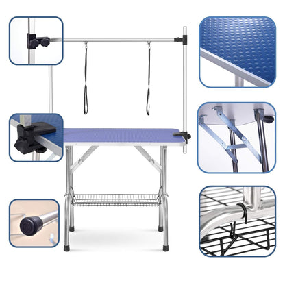 Large 46-inch blue pet grooming table with adjustable arm, stainless steel legs, and skid-resistant rubber surface for dogs and cats