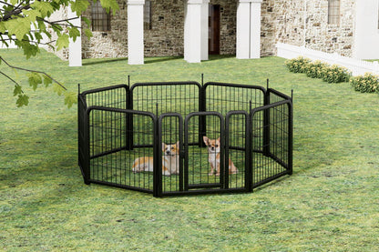 Black 8-panel dog fence portable indoor and outdoor playpen for small dogs, 24 inches high with gate and sturdy iron construction