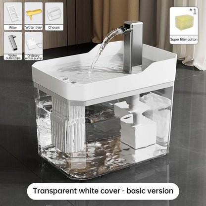 automatic pet water dispenser with transparent white cover and built-in filter system
