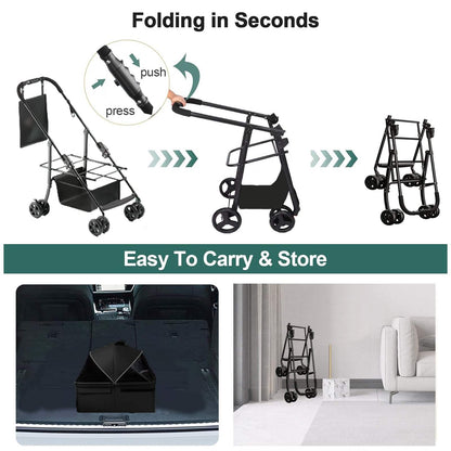 black 2-in-1 folding dog cart for small to medium pets with waterproof pad, four wheels, sun visor, and compact foldable design