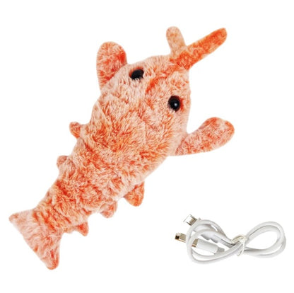 Electric lobster pet toy made of soft velvet fabric with USB charging cable, designed for dog and cat entertainment.