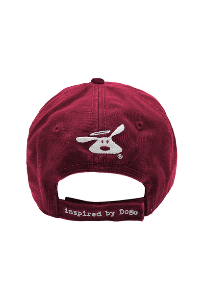 Red-maroon Coffee and My Dog Hat with dog logo and velcro strap back view