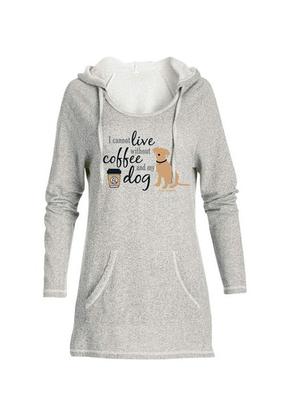 Gray tunic hoodie with "I cannot live without coffee and my dog" text and dog graphic