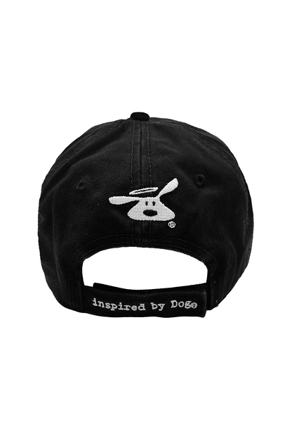 Dog is Good Signature Black Hat with adjustable Velcro closure and embroidered dog logo in black brushed bull denim cotton