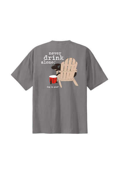 Grey Never Drink Alone t-shirt with dog and chair design, cotton-polyester blend, unisex casual wear