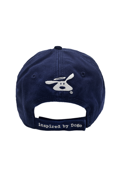 Navy Never Walk Alone Hat with embroidered dog logo and adjustable velcro strap back view