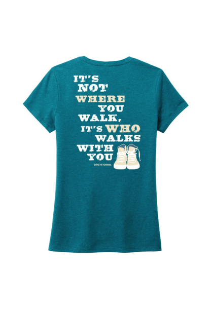 Teal Never Walk Alone women's t-shirt with white text and shoe graphics on back, soft cotton dog lover tee