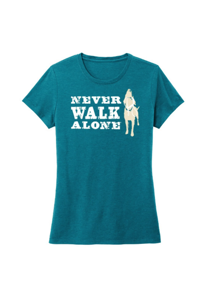 Women's teal Never Walk Alone t-shirt with dog graphic and soft cotton fabric