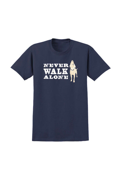 Navy blue t-shirt with Never Walk Alone text and dog silhouette design