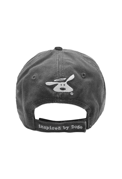 black "Real Men Love Dogs" hat with dog logo and adjustable strap reading inspired by Dogs