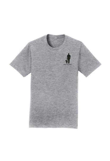 Gray T-shirt with Real Men Love Dogs text and man with dog silhouette design