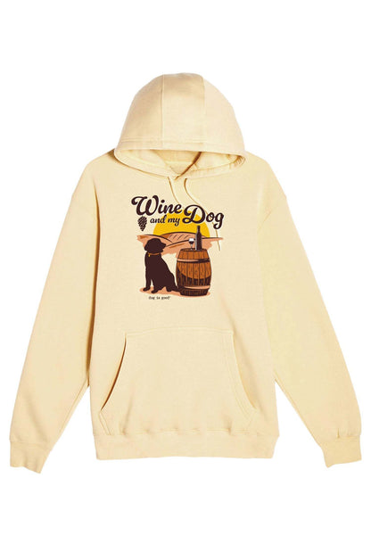 Yellow cream "Wine and My Dog" hoodie for women, cozy and stylish with dog and wine theme