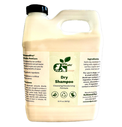 Natural dry shampoo for pets with organic ingredients in a 32 oz container