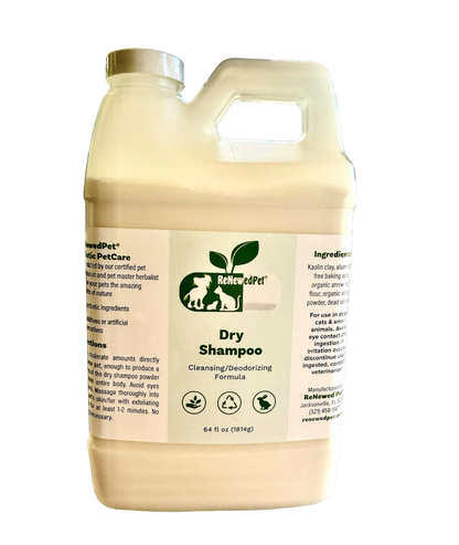 Natural organic dry shampoo for pets in large container with cleansing and deodorizing formula