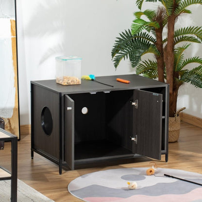 Hidden black wooden cat litter box enclosure with double doors and side entry hole for cats