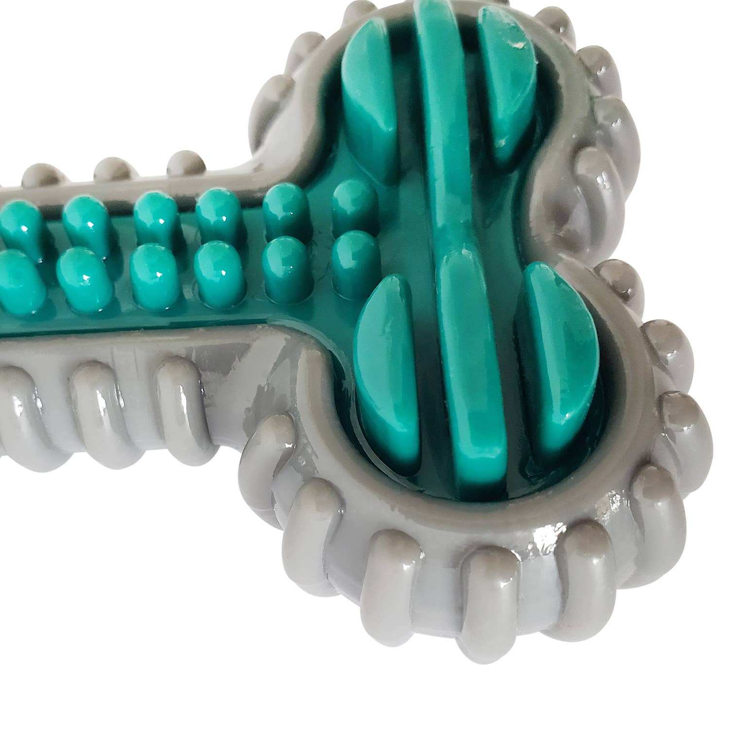 Close-up of TPR Dental Bone chew toy with textured ridges and nubs for dog oral care and chewing fun