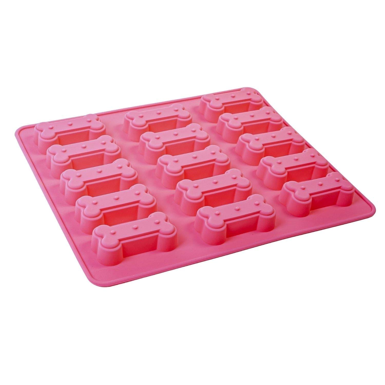 3-in-1 Dog Bone Silicone Treat Baking Tray for homemade dog treats, microwave and dishwasher safe, pink silicone mold with bone shapes