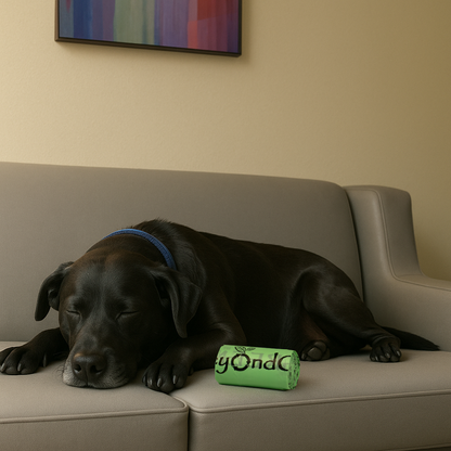 Sleeping black dog on couch next to green beyondGREEN dog poop bags roll