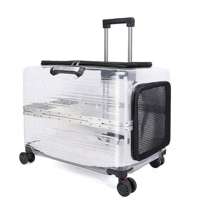 Transparent rolling pet travel trolley with wheels for puppies and cats in pink and green colors