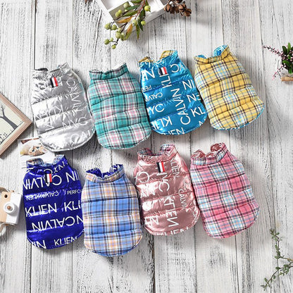 Autumn and winter dog clothes wear vest in various colors and patterns for small dogs and puppies made of cotton, available in XS to XXL sizes.