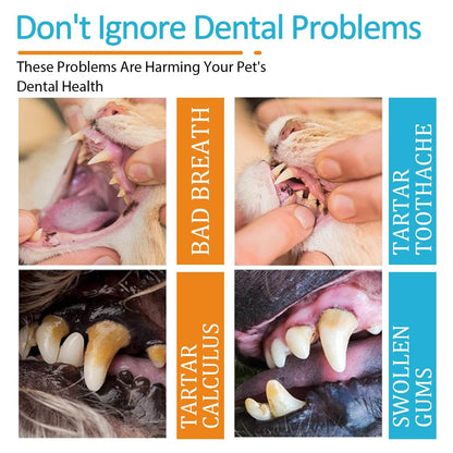 Dog cat tooth cleaning finger set showing pet dental issues like bad breath, tartar, swollen gums, and tartar calculus