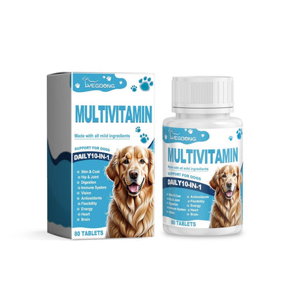 Bottles of multivitamin tablets for dogs, cats, and pets nutritional health supplements