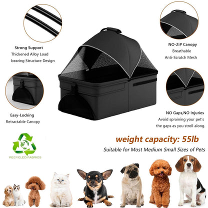 Black 2-in-1 folding dog cart with waterproof pad, sun visor, breathable mesh canopy, and four wheels for small to medium pets up to 55lb.