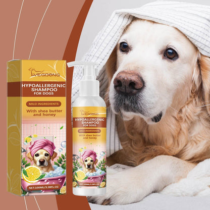 Hypoallergenic shampoo for dogs with shea butter and honey next to a golden retriever wrapped in a towel