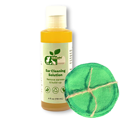 4 oz bottle of ReNewedPet natural PETS Ear Cleaning Drops with green reusable cotton pads