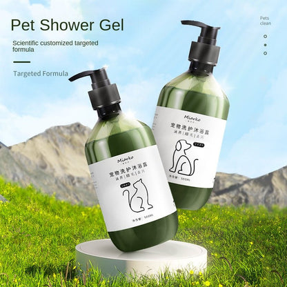 Green 500ml pet shampoo bottles with pump dispenser for cat and dog deodorizing bath care