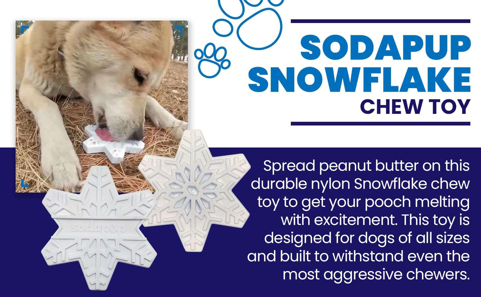 Durable white snowflake nylon dog chew toy for aggressive chewers with textured design and treat pockets