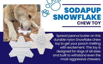 Durable white snowflake nylon dog chew toy for aggressive chewers with textured design and treat pockets